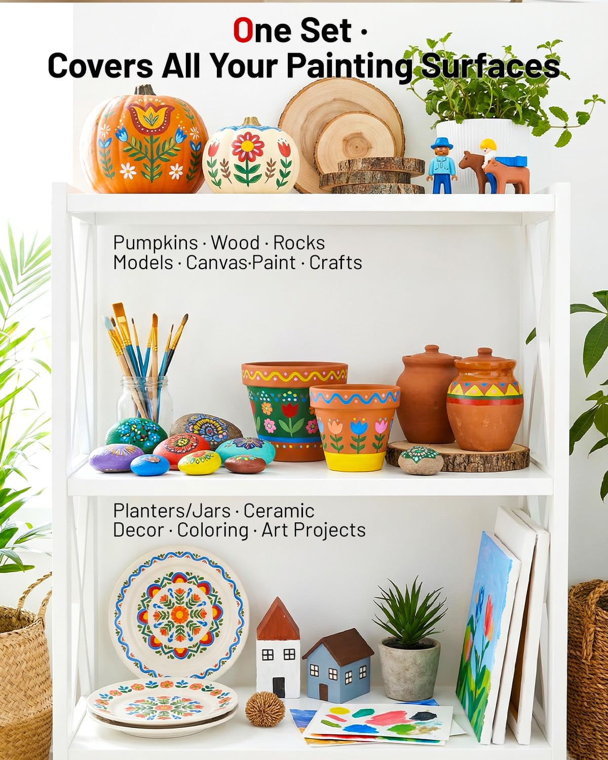 Fantastory Set di colori acrilici, 50 bottiglie da 60 ml + 10 pennelli, impermeabile, non sbiadisce, non tossico, per tela, legno, ceramica, modelli, principianti, studenti d'arte, hobbistica
