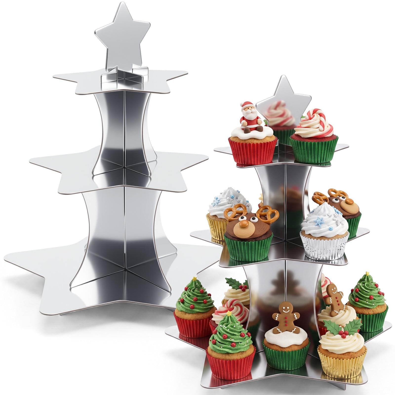 Willinglong 2 Pcs 3 Tier Star Cupcake Stand Silver Cupcake Stand