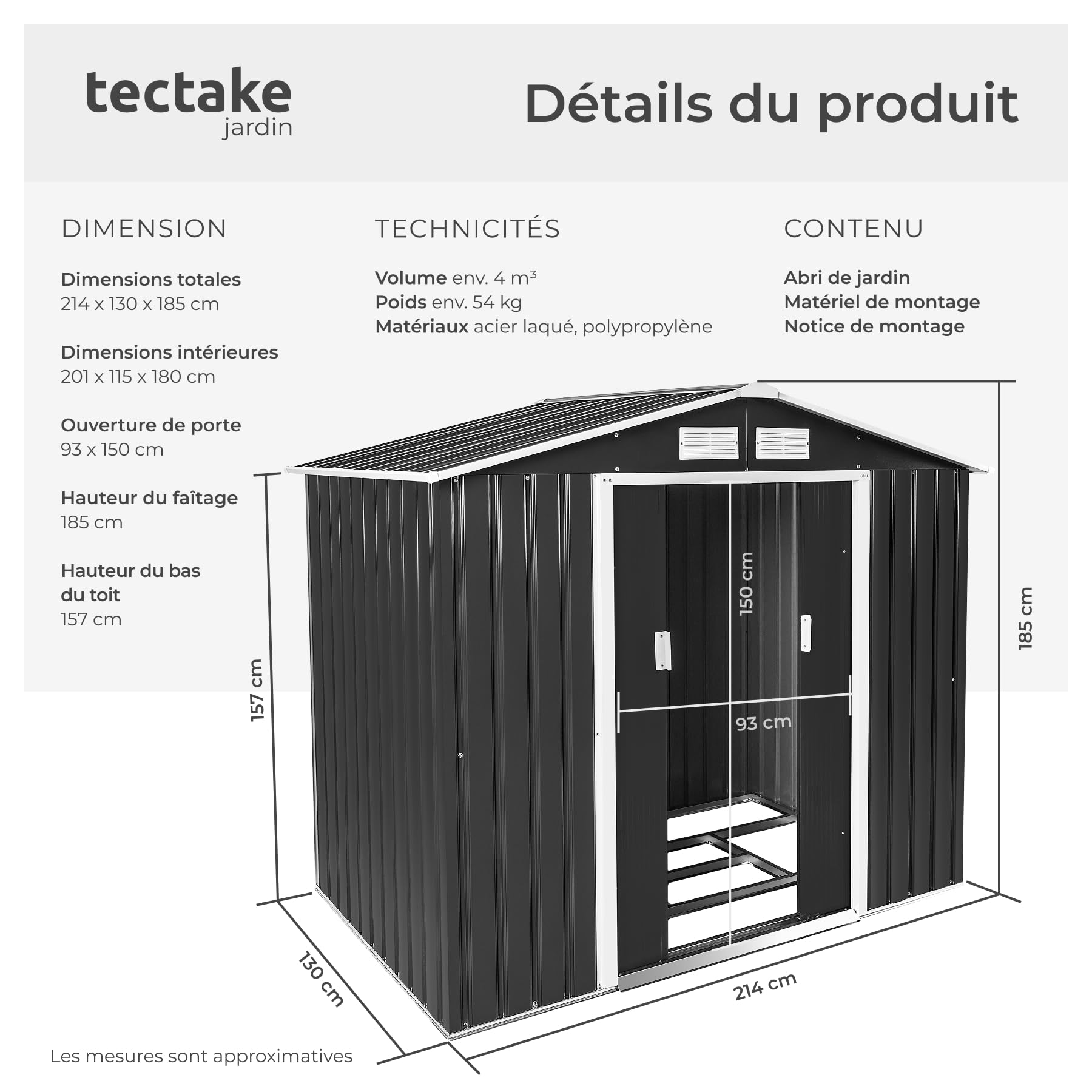 tectake® Abri de Jardin en métal 4.2m³, Cabane de Jardin à Outils, Toiture 2 pans avec Fondation, Rangement et Stockage extérieurs Moto Vélo Tondeuse Brouette Outils de Jardinage, 214 x 130 x 185 cm