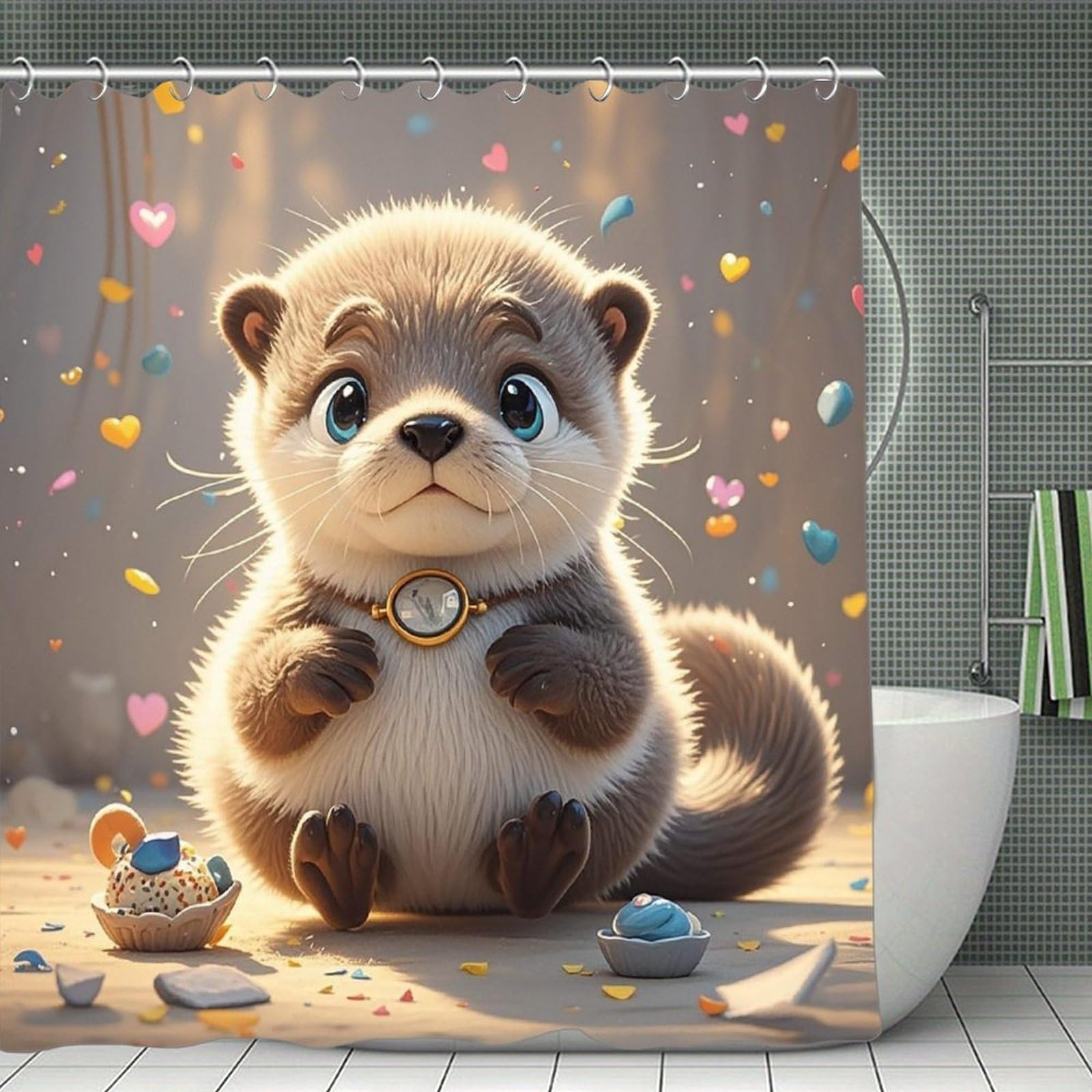 FekiLoot Cartoon Cute Otter Shower Curtain Minimalist Thick Bathroom Curtain Washable Modern Bathroom Shower Curtain Heavy Duty Waterproof Cloth Bath Curtain with Hooks 70.8"x70.8"