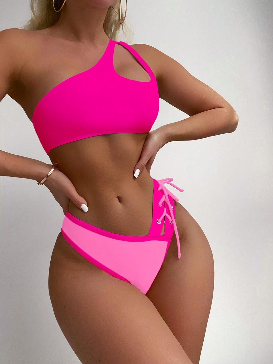 SherryDC Women's Cheeky Cutout One Shoulder Bikini Color Block V Cut High Leg Two Pieces Swimsuit - Image 4