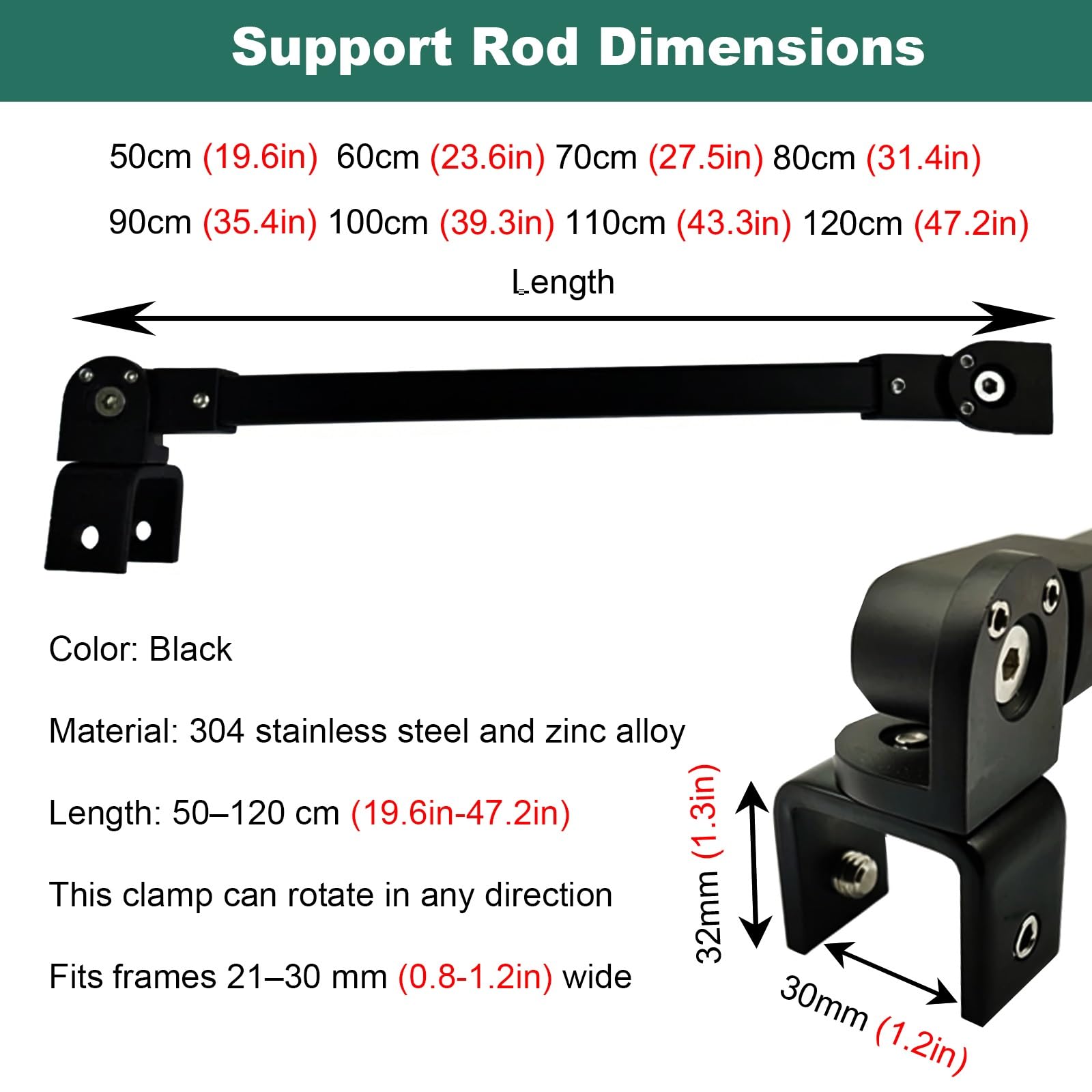 Barra de Soporte para Mampara de Ducha Barra Estabilizadora De Soporte De Ducha Para Vidrio De 21-30 Mm, Barra De Soporte De Puerta De Vidrio Con Abrazadera Ajustable De 360 ​​​​°(2 pc,23.6in (60cm))