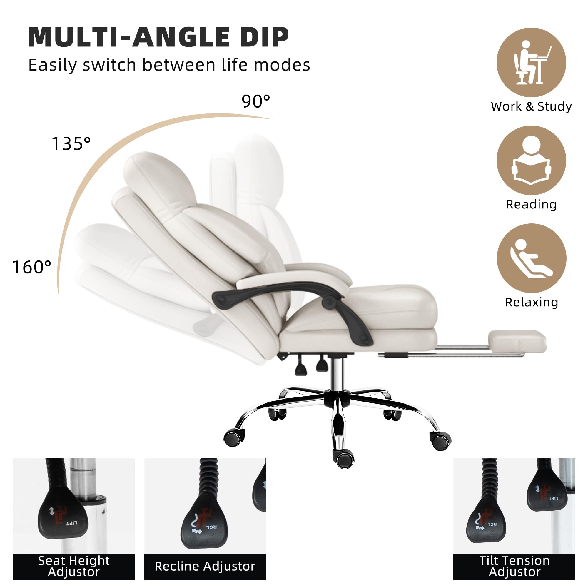 Home Office Desk Chair, 90°-160° Reclining, High Back Executive OfficeChair 400LBS with Footrest, Ergonomic Scratch-Resistant Faux Leather Computer Gaming Chair with Lumbar Support, White