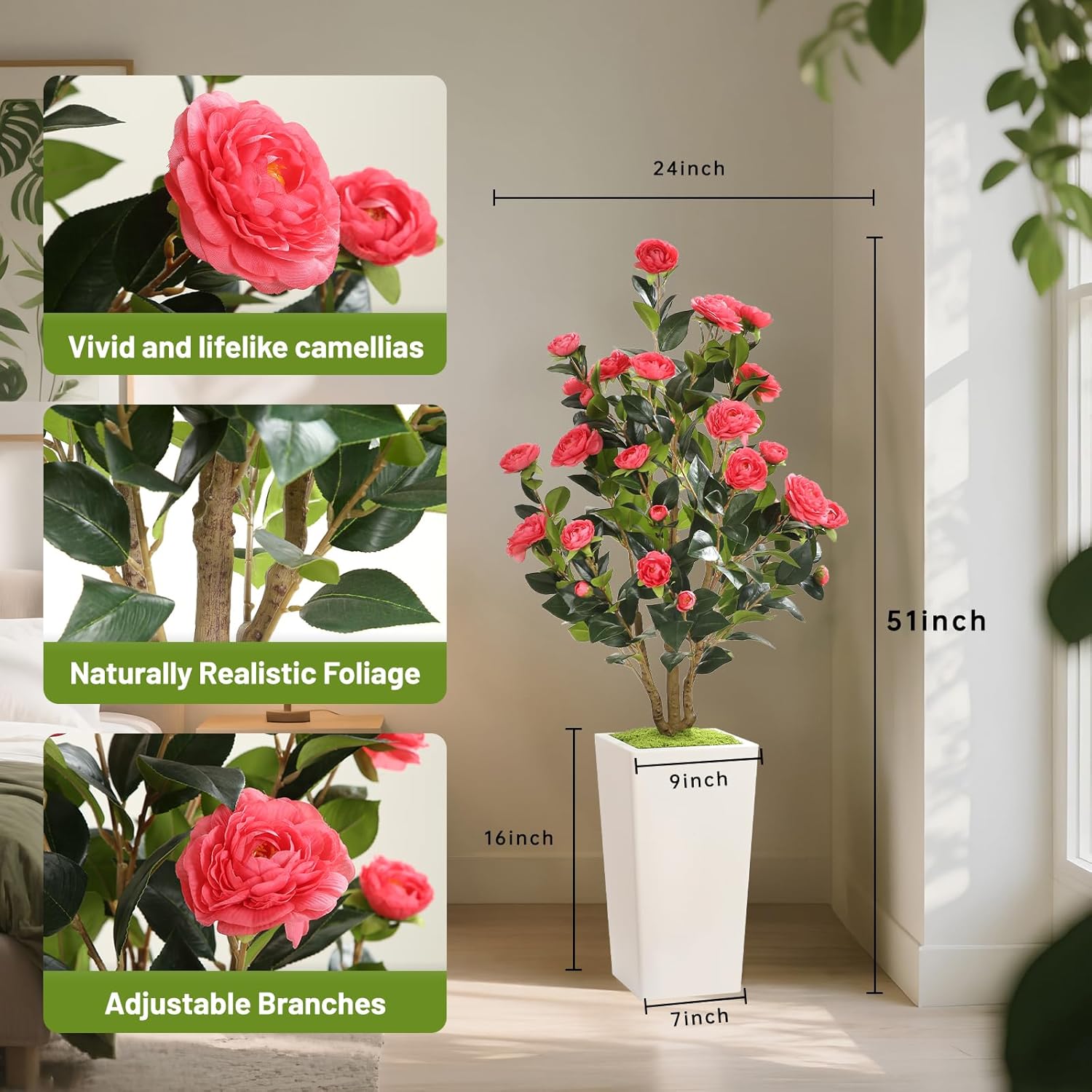 Romantic Season 4FT Artificial Camellia Tree with White Tall Planter, Pink Faux Camellia Plant Flower Tree for Modern Home Office Living Room Floor Décor Outdoor Indoor，Pink