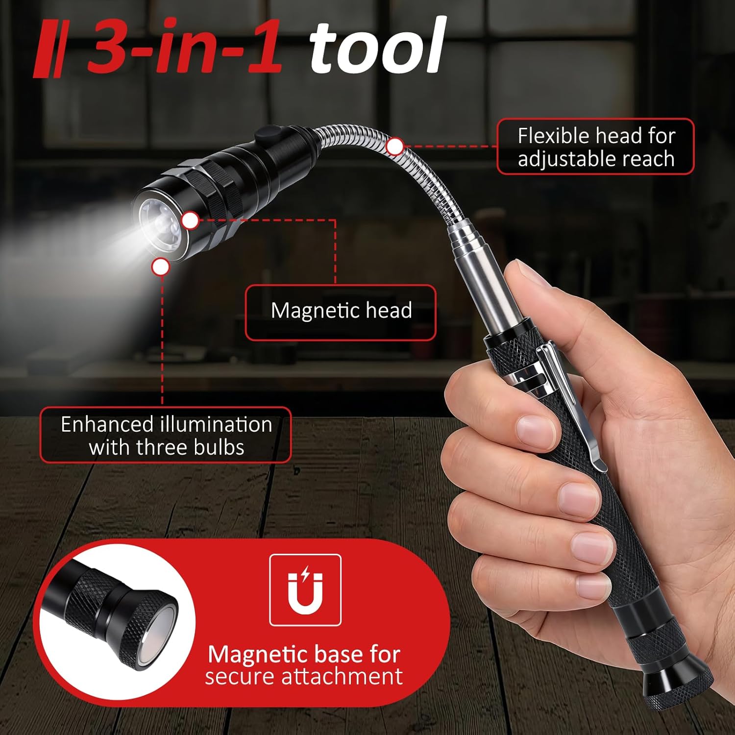 Magnetic Pickup Tool with LED Flashlight, Telescoping Magnet Tool, Cool Gadget Gift for Men, Dad, Husband, Mechanic & Handyman