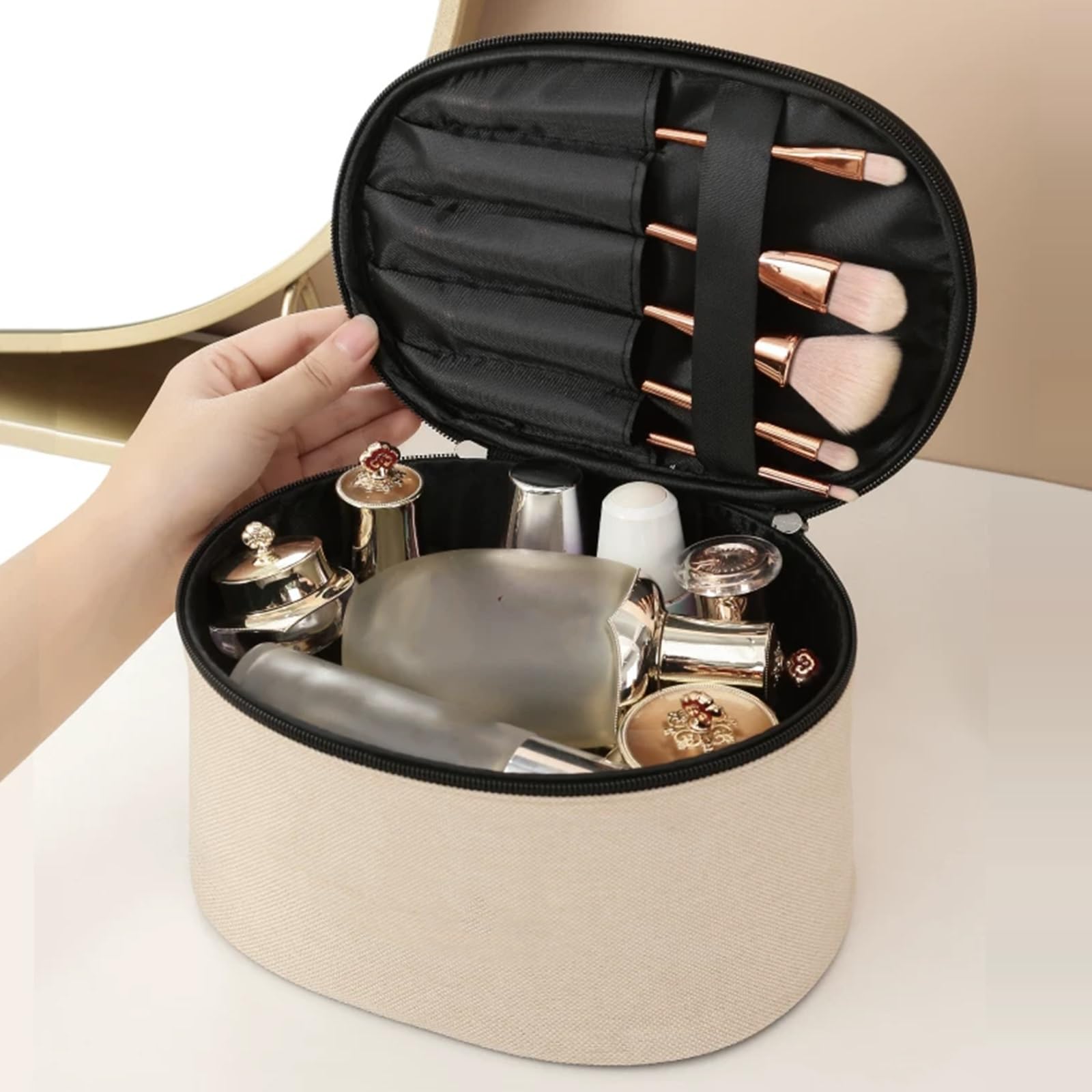 Borsa per Il Trucco, Pochette Trucchi Portatile da Donna, Guscio Rigido Rinforzato, Chiusura a Cerniera, Facile Accesso, Scomparti Interni, Struttura Definita e Capiente(White)