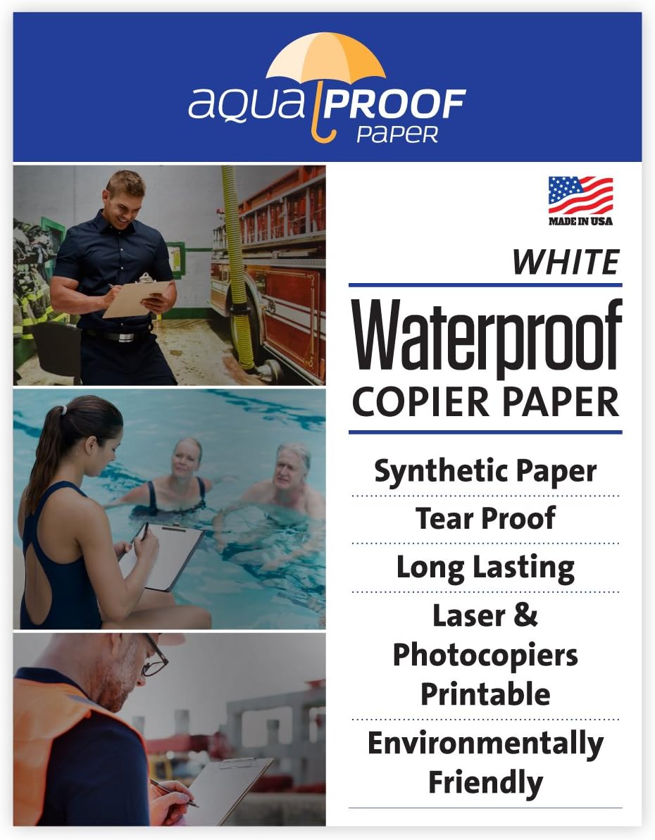 Aquaproof All-Weather / Waterproof Copier Printer Paper, Eco Friendly, Durable, Print on both Sides Made in the USA 5 Mil 25 Sheets 8 1/2" x 11"