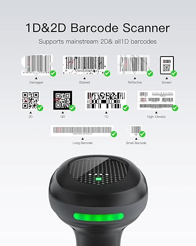 Miniatura 2 de Inateck Escáner inalámbrico de código de barras 2D Bluetooth, escáner QR de megapíxeles con receptor de datos de base de carga, 2 baterías