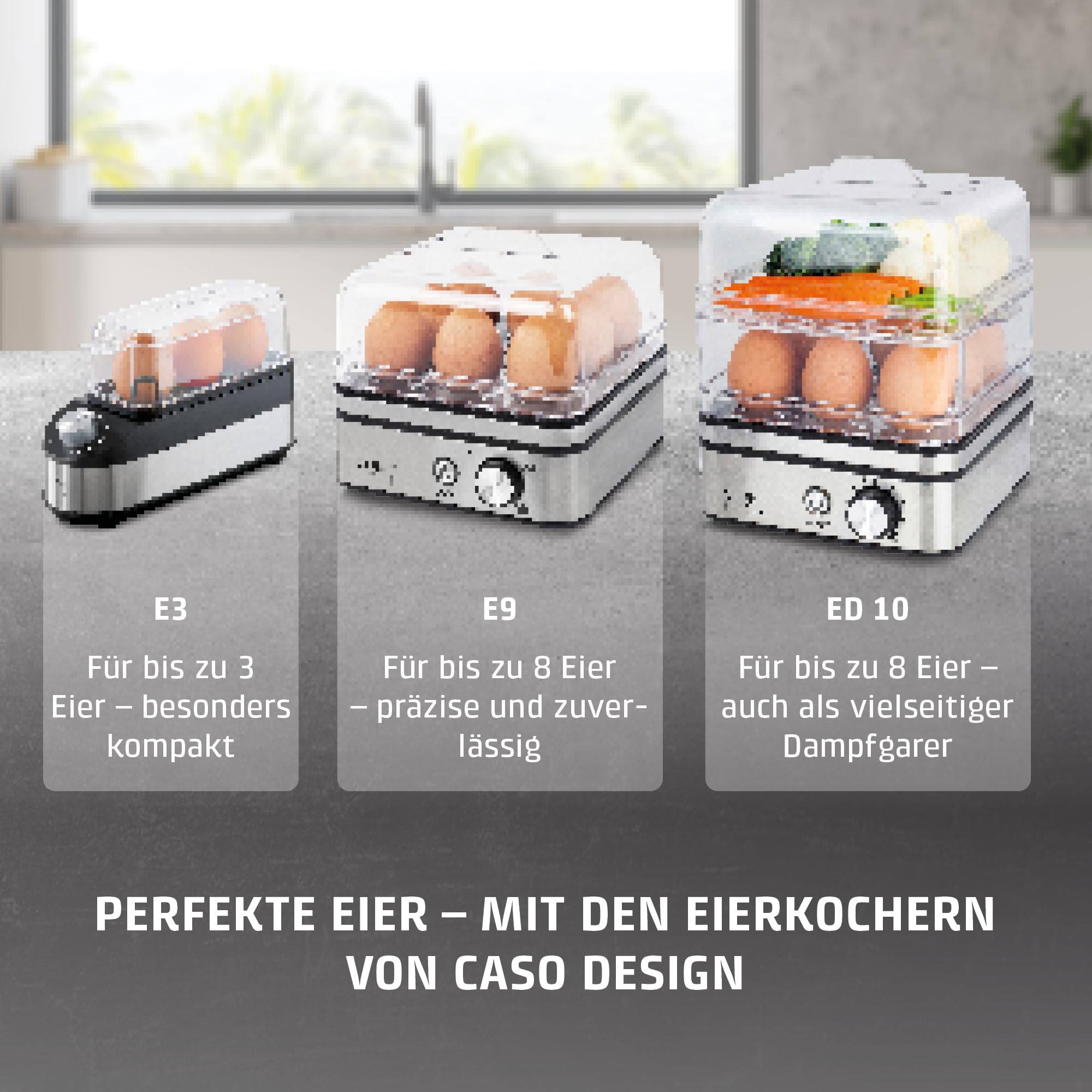 CASO E 9 - Design Eierkocher, Testurteil: Sehr Gut, elektronischer Eierkocher für bis zu 8 Eier, akustisches Signal, inkl. Messbecher und Eipicker und zwei Pochierschalen