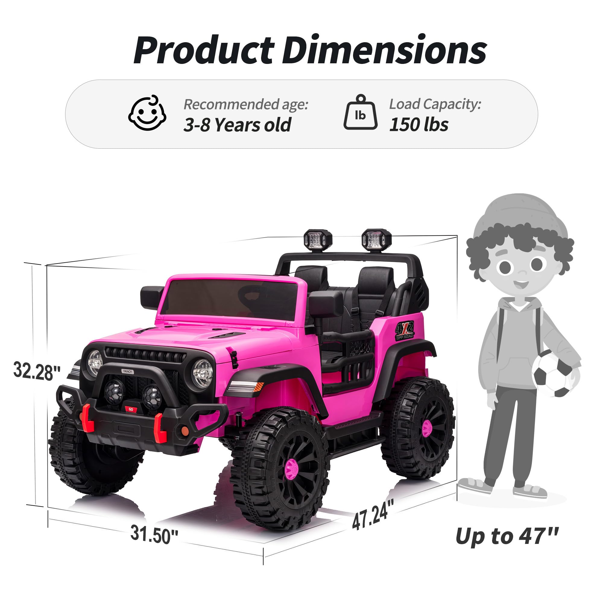2-Seater Ride on Truck Car for Kids, 12V Electric Truck Car for Boys Age 3-8 w/Remote Control, Bluetooth, Capacity 150lbs - Pink
