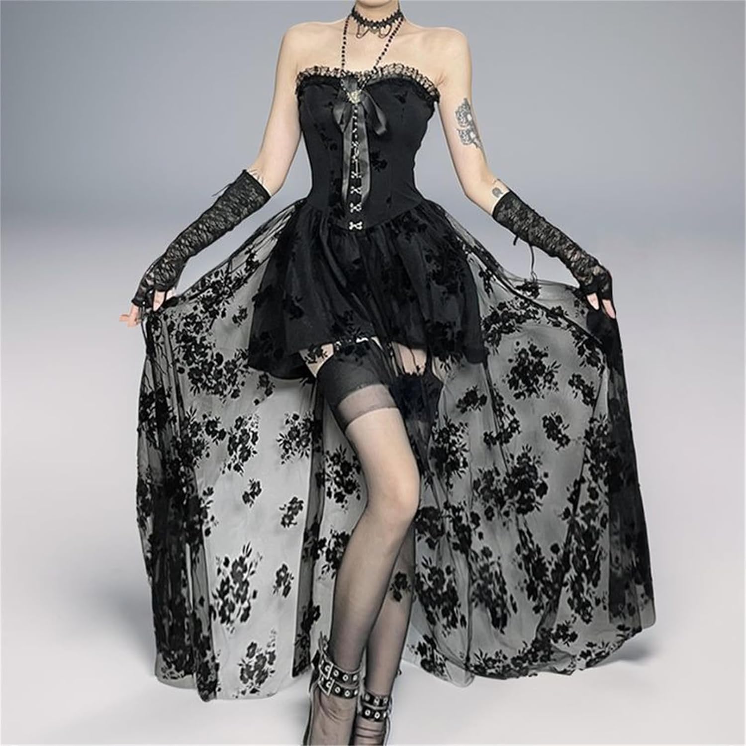 Women's Goth Fairy Strapless Mini Dress - Backless Tulle Floral Lace Sweetheart Neck, Formal Dance Travel - Image 3
