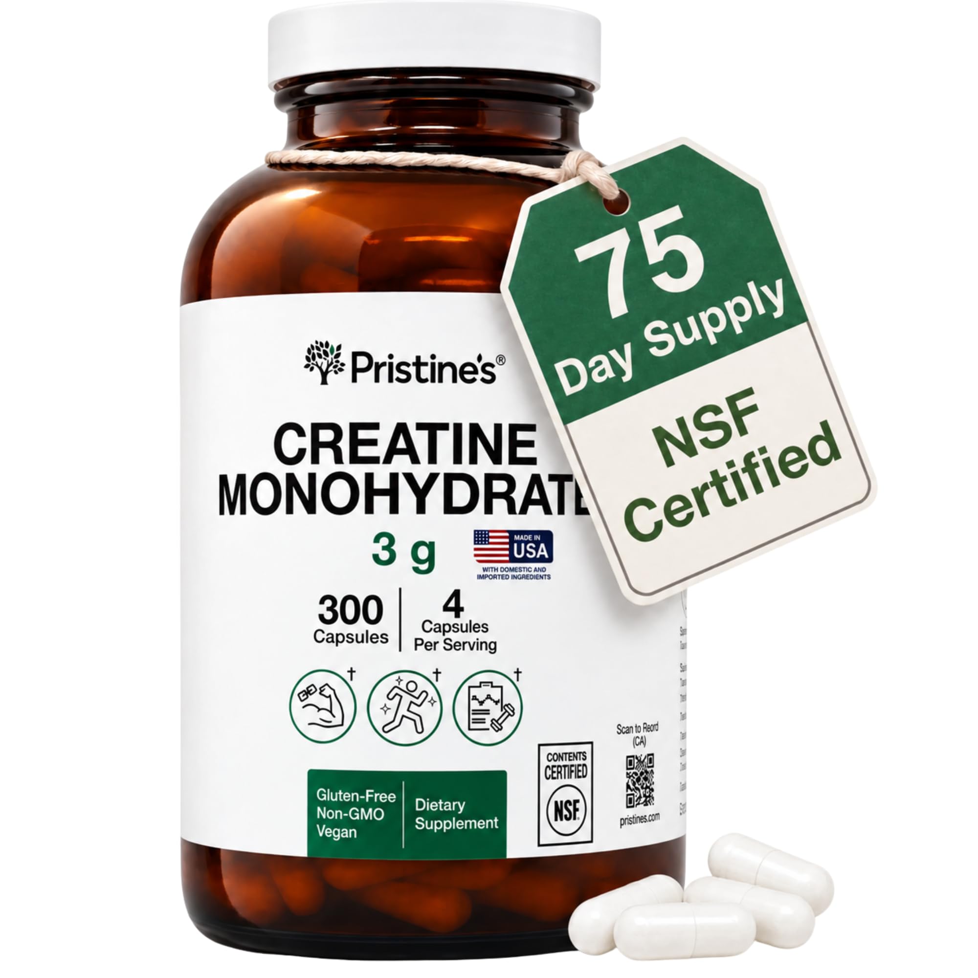 PRISTINE'S NSF Certified Creatine Monohydrate 3g Capsules, 75 Servings