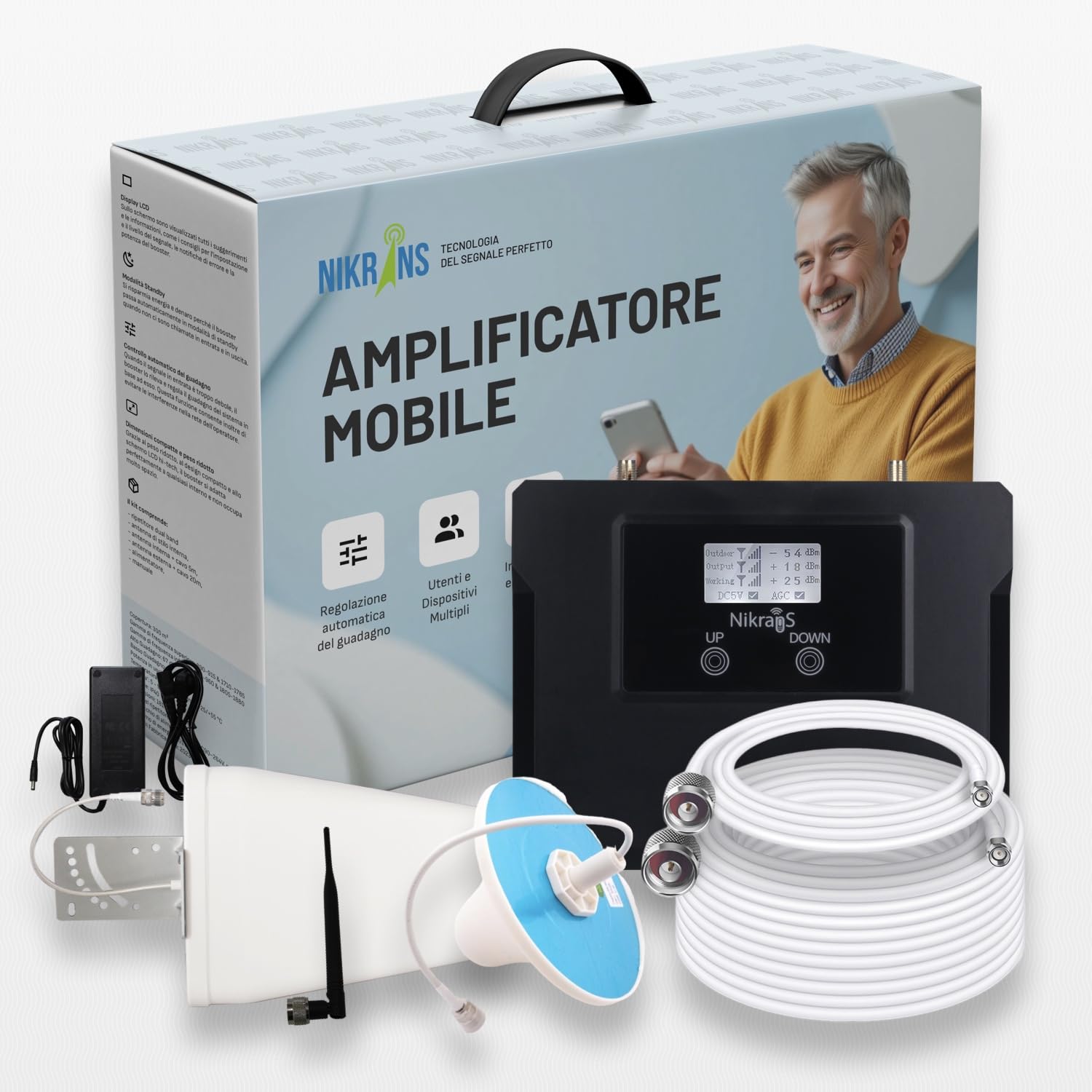 Ripetitore Segnale Cellulare 4G LTE GSM 2G 3G - Banda 3/8 (900/1800Mhz) - Supporta TIM Vodafone Wind Tre - Doppia Banda Amplificatore Cellulare - Certificato CE RoHS