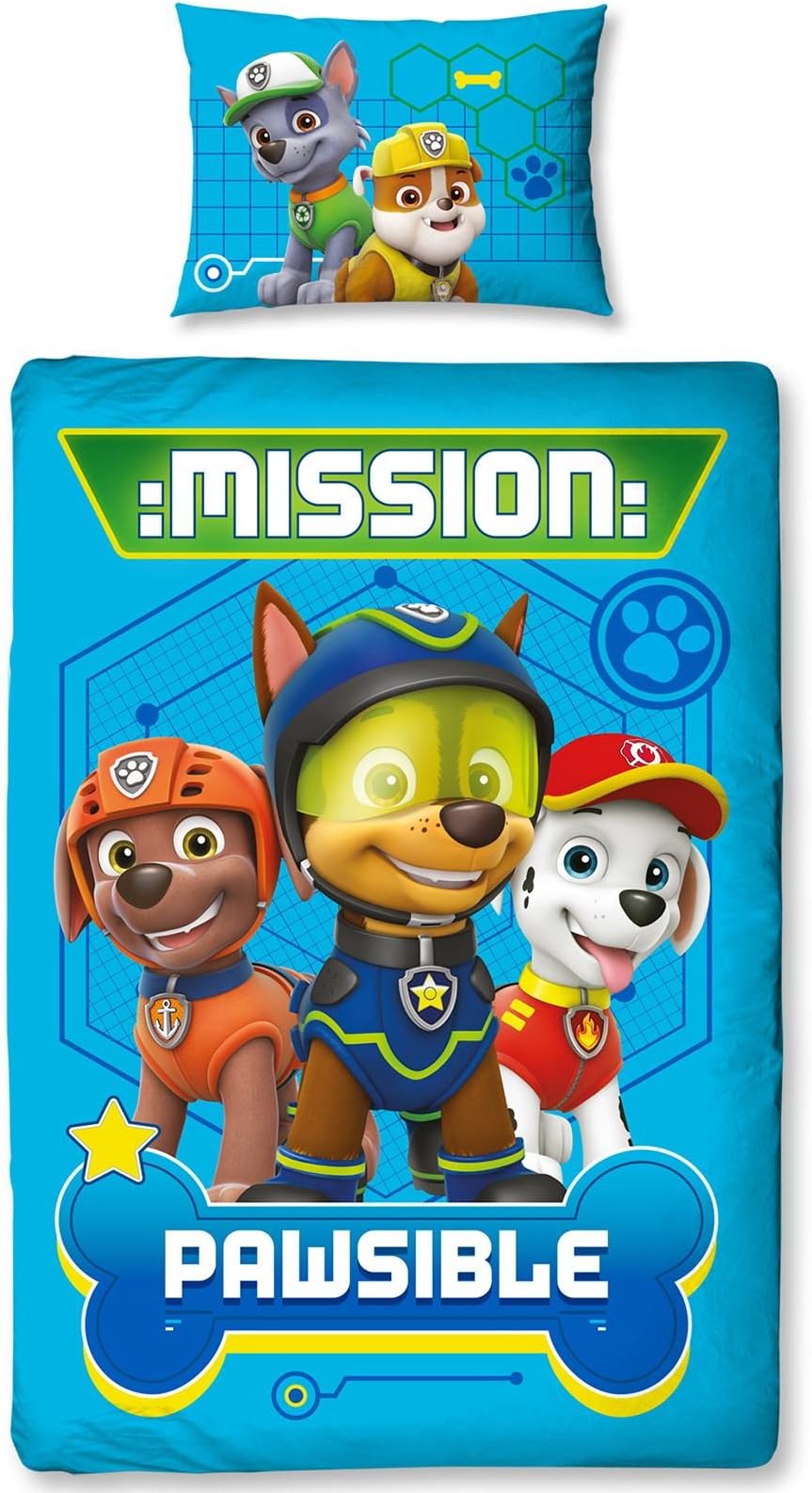 Paw Patrol Mission Pawsible Skye/Marshall/Rubble and Everest 2-Sided Reversible Design Duvet Set with Matching Pillow Case, Polyester-Cotton, Blue, Single