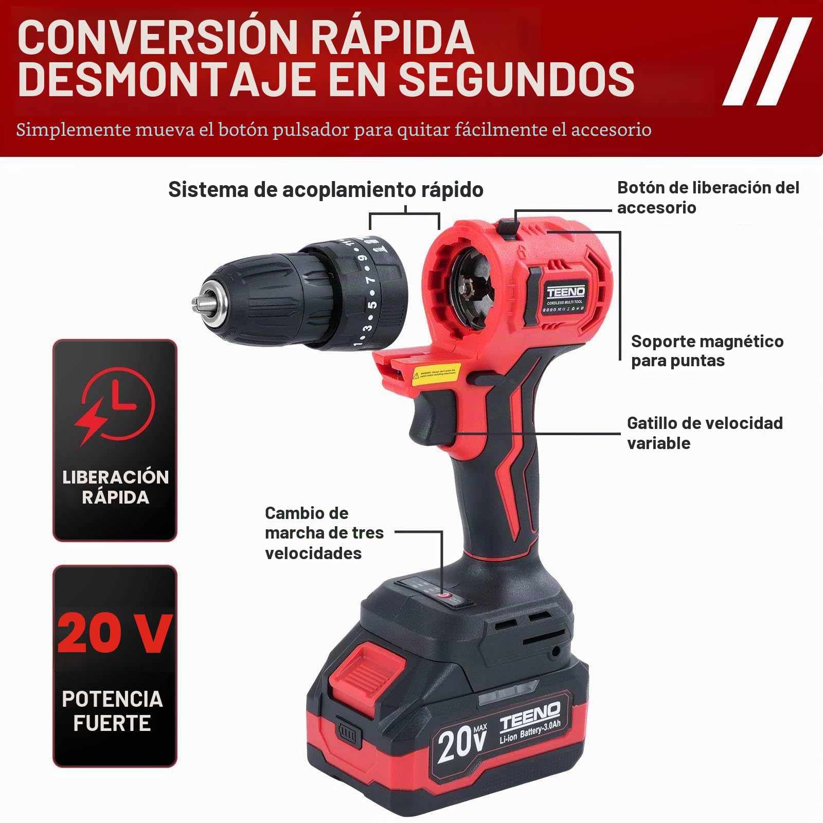 Kit Combinado Inalámbrico de 20V TEENO Herramienta Multifunción Inalámbrica 3en1 con Estuche, Taladro, cef a Choques, Herramienta Oscilante con Accesorios, 1 Batería de Litio Lon