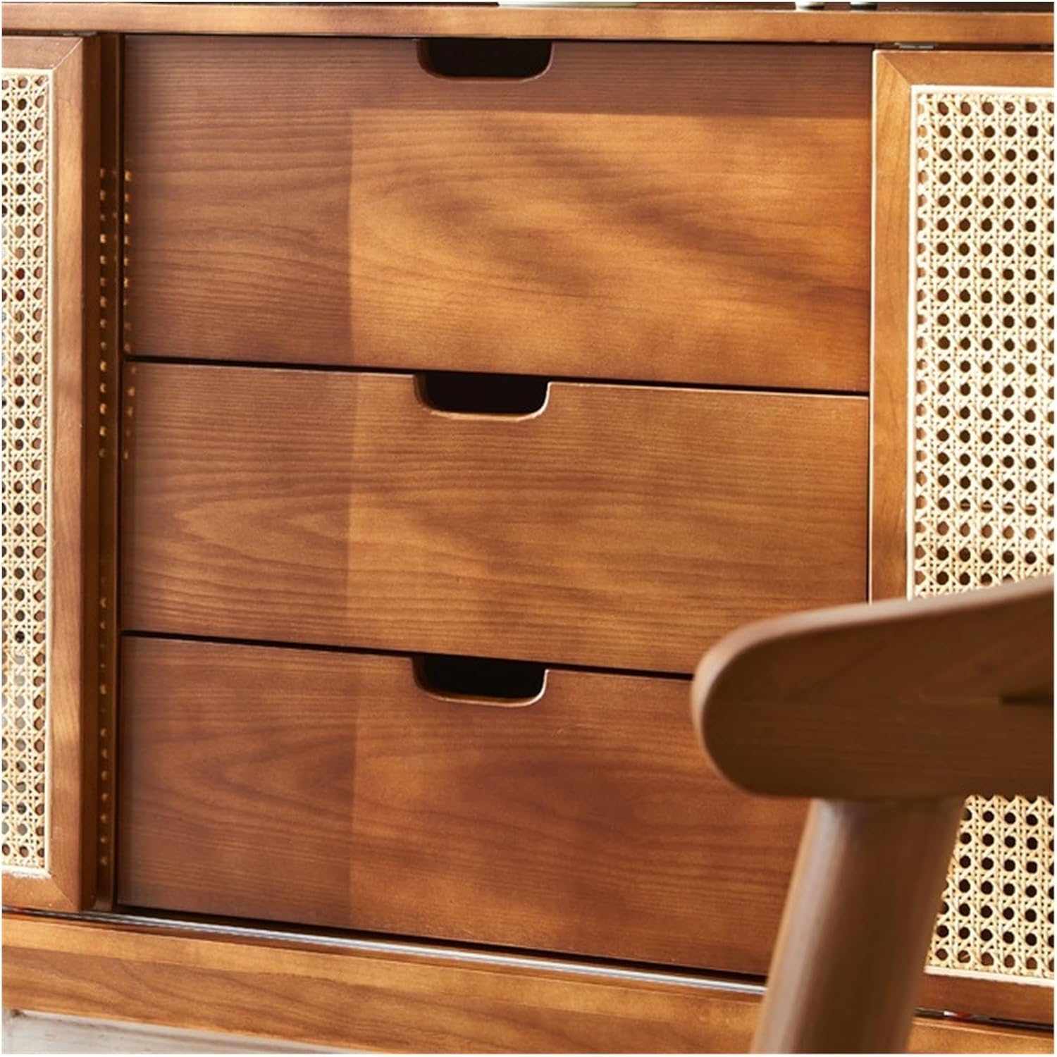 Sideboard Cabinet Solid Rattan Sideboard Dining Room with Drawers Double Cabinet Doors Ash Wood Storage Against the Wall Console Coffee Table