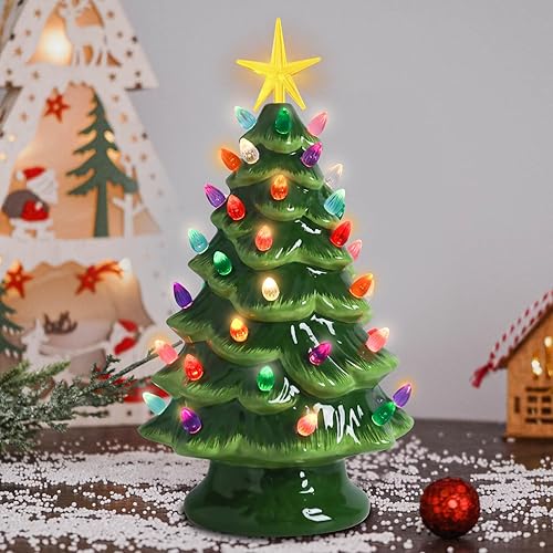 VCUTEKA Small Ceramic Christmas Tree Hand-Painted Vintage Tabletop Green Christmas Tree Holiday Decoration with Multi-Color Lights Xmas Trees 12 inch