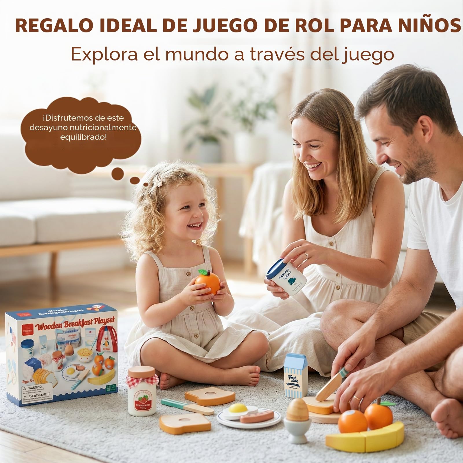 Lehoo Castle Accesorios Cocina Juguetes, Comida Madera Juguete, Comida Juguete Cocinita, Cocinita de Madera Infantil, Juguetes Montessori 2 3 4 Año(Desayuno)