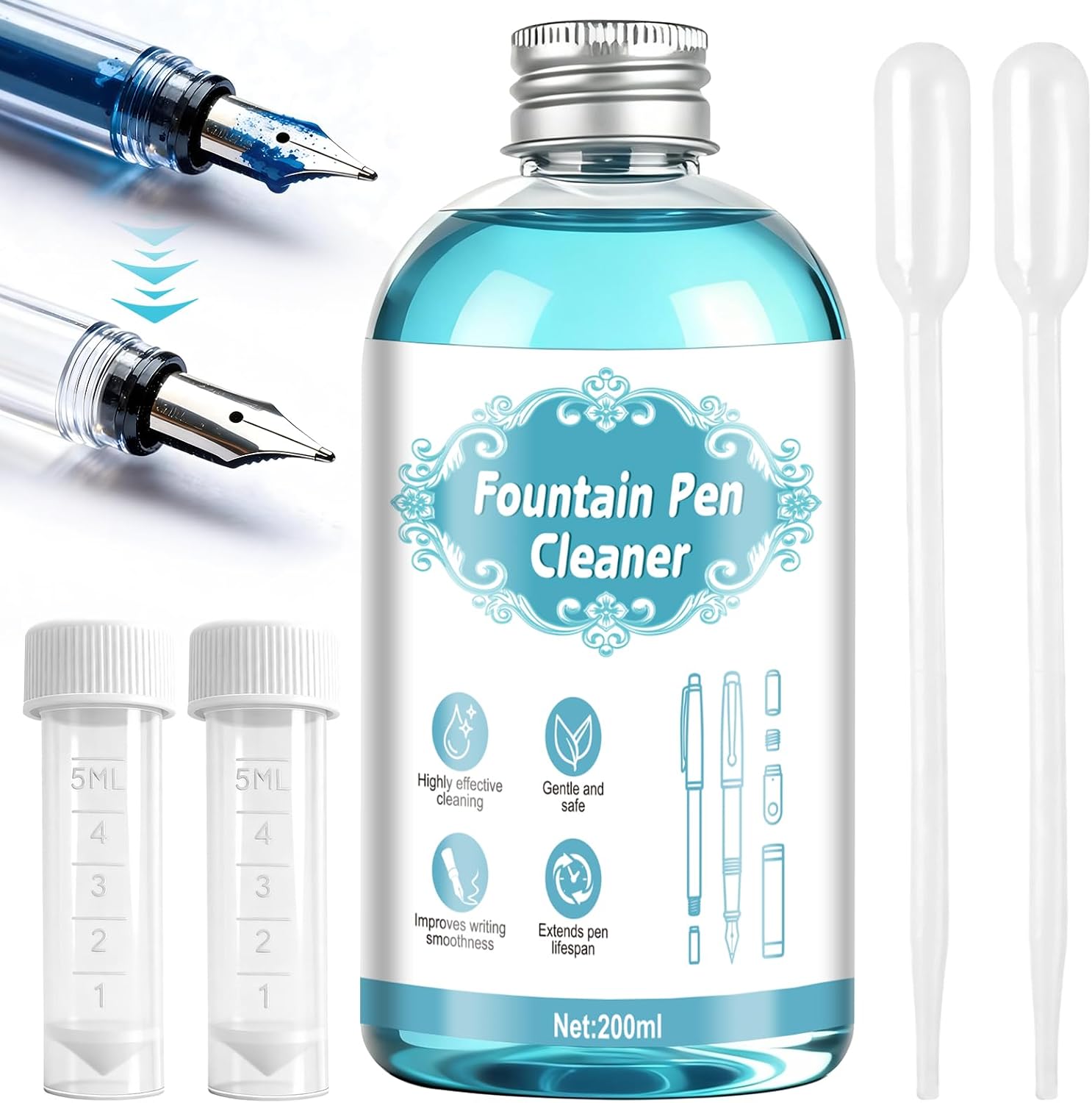 Fountain Pen Cleaner, Fountain Pen Cleaning Kit, Effective Cleaning, 200ml | Full Set of Tools, Powerful and Effective Cleaning, Prevent Clogging, Long-Lasting Care Won't Damage Nib, Extend Pen Lifespan