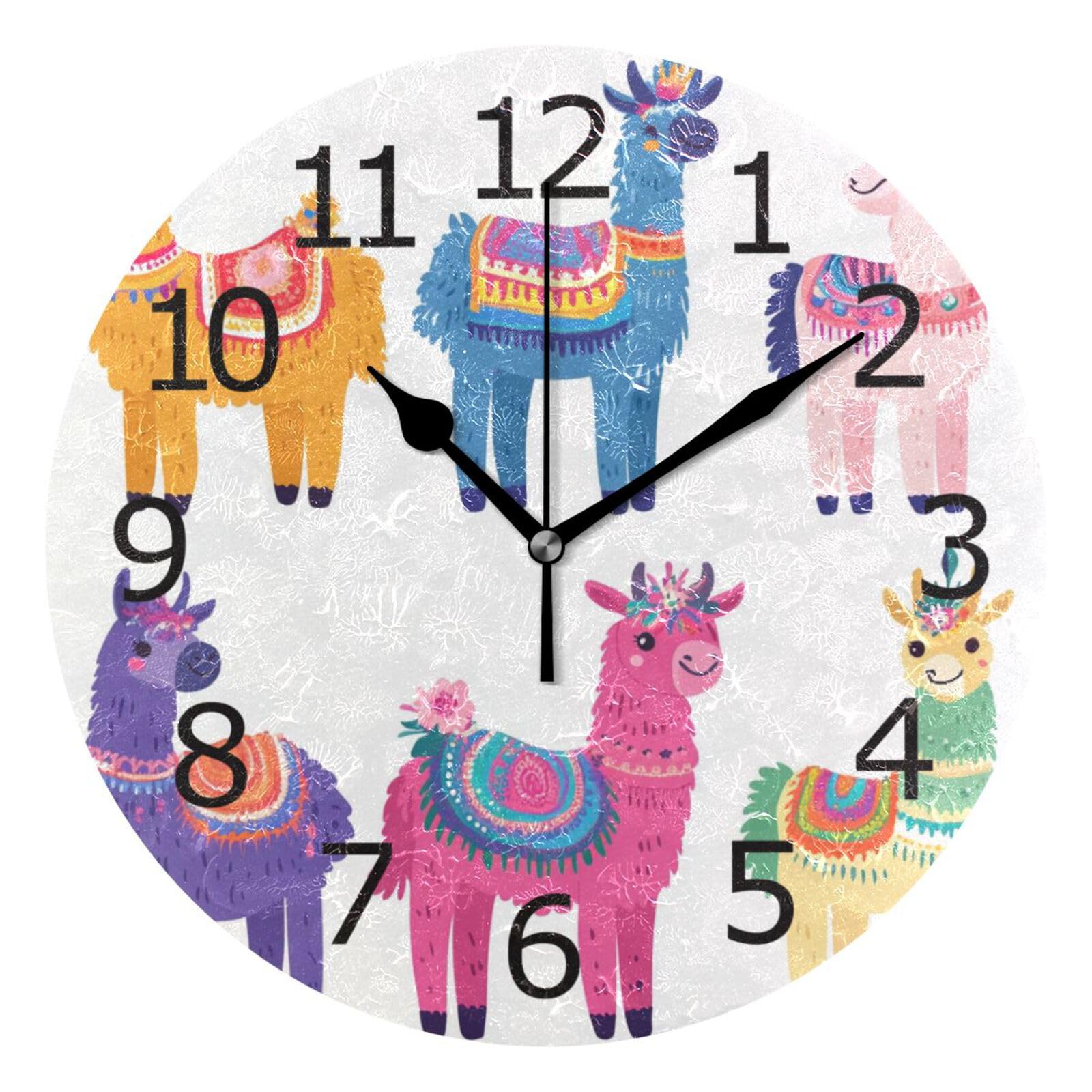 Pendules murales lamas mignons et colorés horloge ronde 25cm sans tic-tac