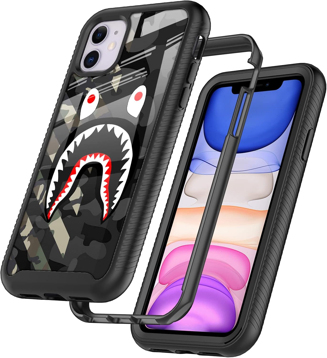 Street Fashion Cool Camo Green Grey Shark Design Compatible with iPhone 11 Case for Boys Man Luxury Shockproof Rugged Cover Dual Layer Soft TPU + Hard PC Bumper Full-Body Protective Case