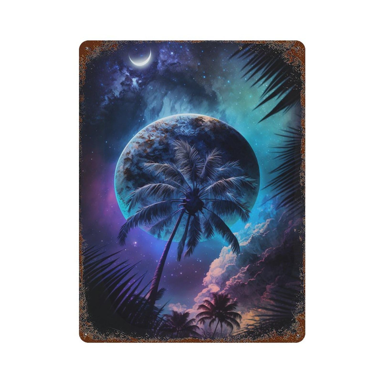 Fantasy Tropical Night Scene Aged Metal Wall Plaque 15.7"x11.8", Ideal for Garage, Bar And Workshop Decor