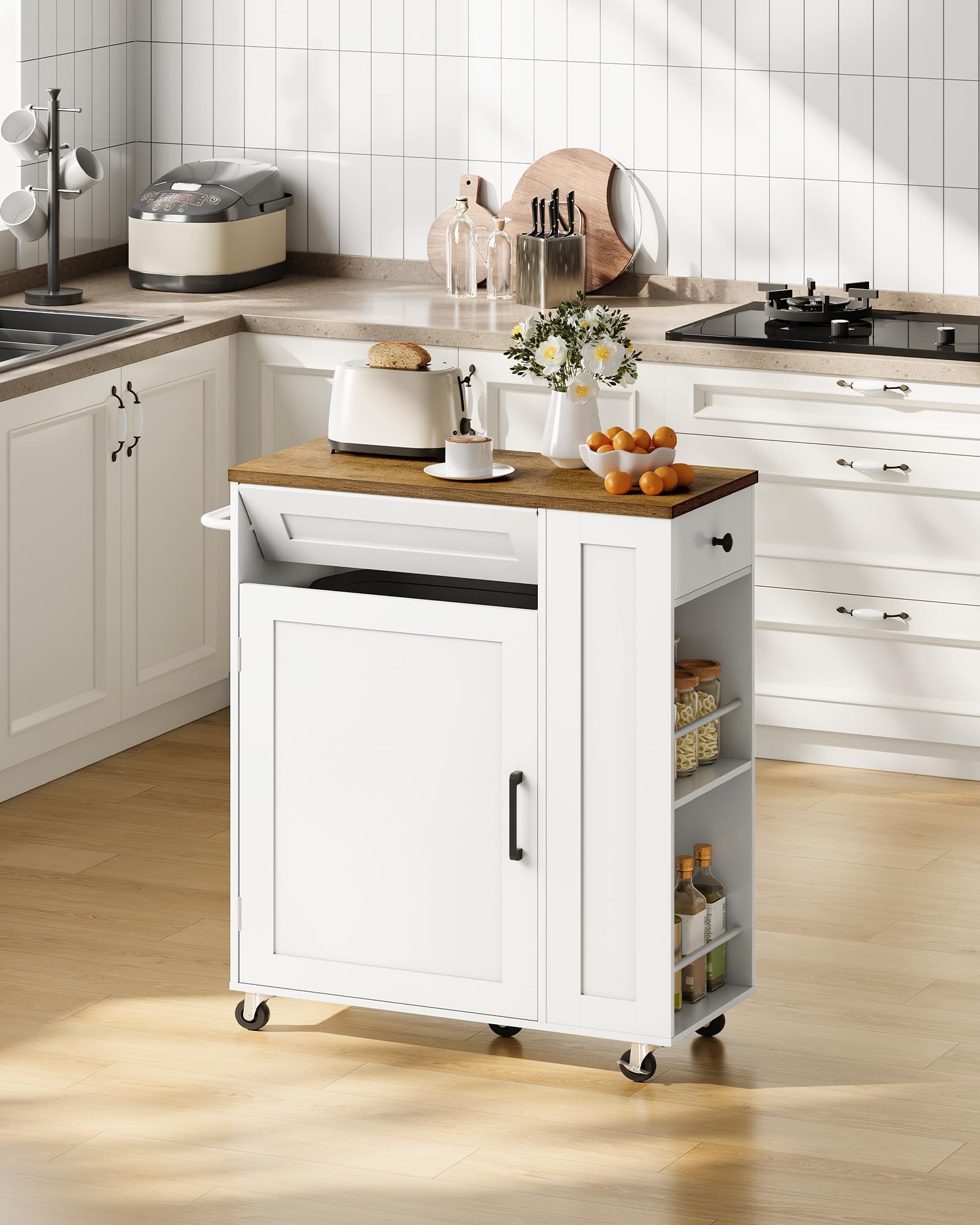 CHOEZON Carrito de Cocina Móvil con Isla, Carro con Compartimento Oculto para Basura, Carrito de Cocina con 5 Ruedas Giratorias, Cajón, Estantes y Toallero, para Cocina, Blanco y Nogal DMZD06WL