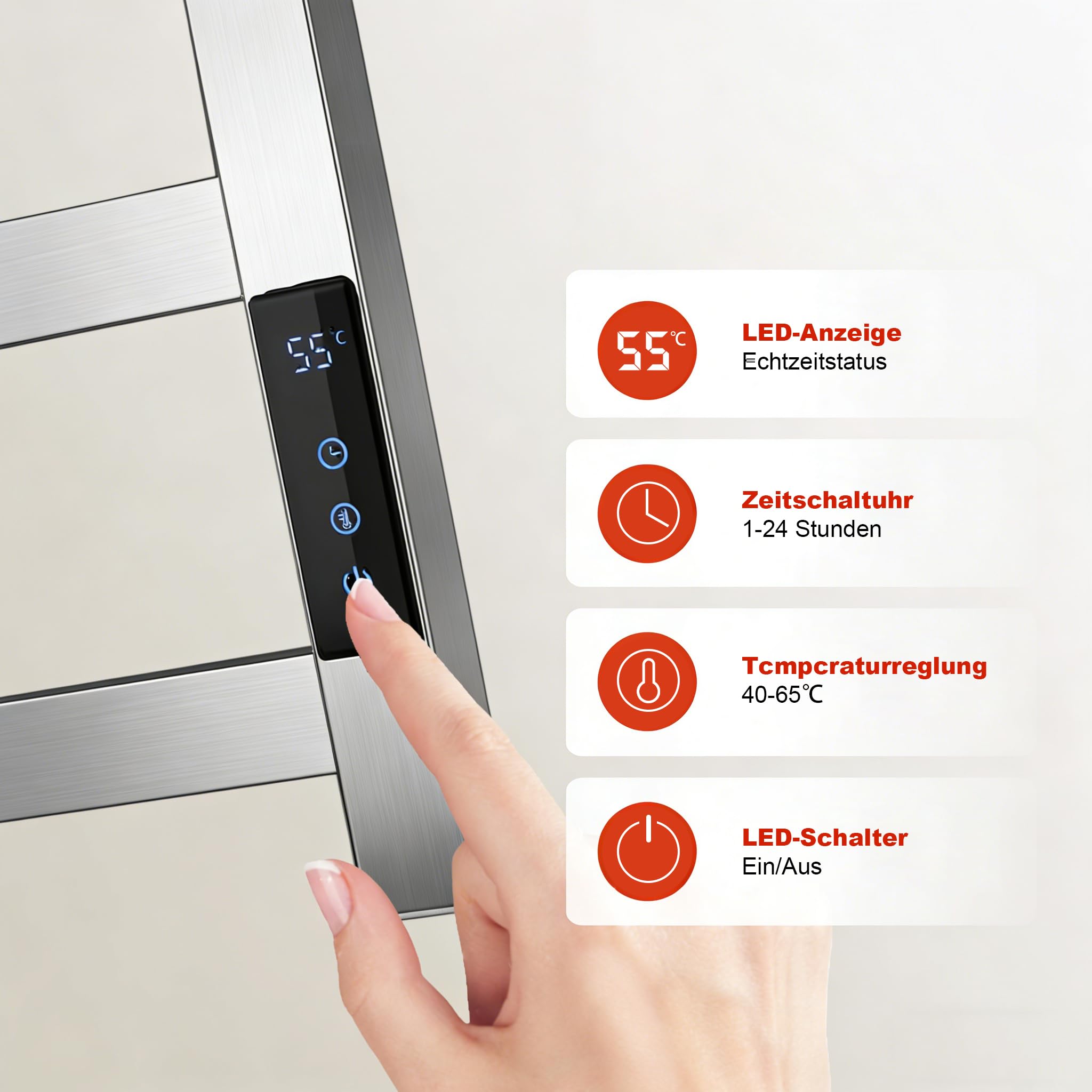 Elektryczny Grzejnik na Ręczniki, WiFi Smart,43x50cm | Stal Nierdzewna, 85W Niskie Zużycie, Szybkoschnący, Funkcja Timera,Grzejnik łazienkowy, Montaż na Ścianie