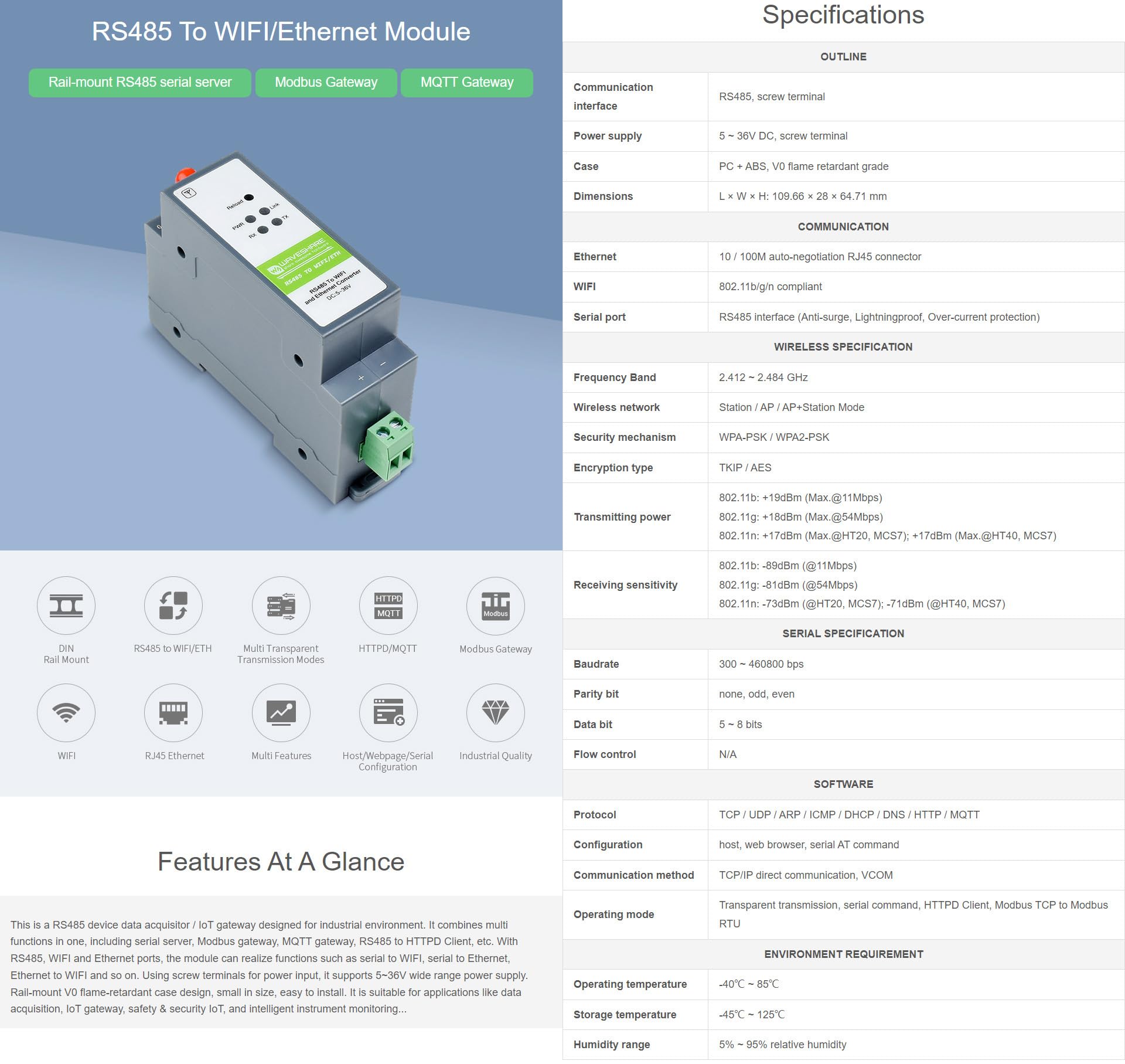 Waveshare RS485 to WiFi/Ethernet Module Rail-Mount Serial Server Modbus MQTT Gateway Supports Transparent Transmission Mode