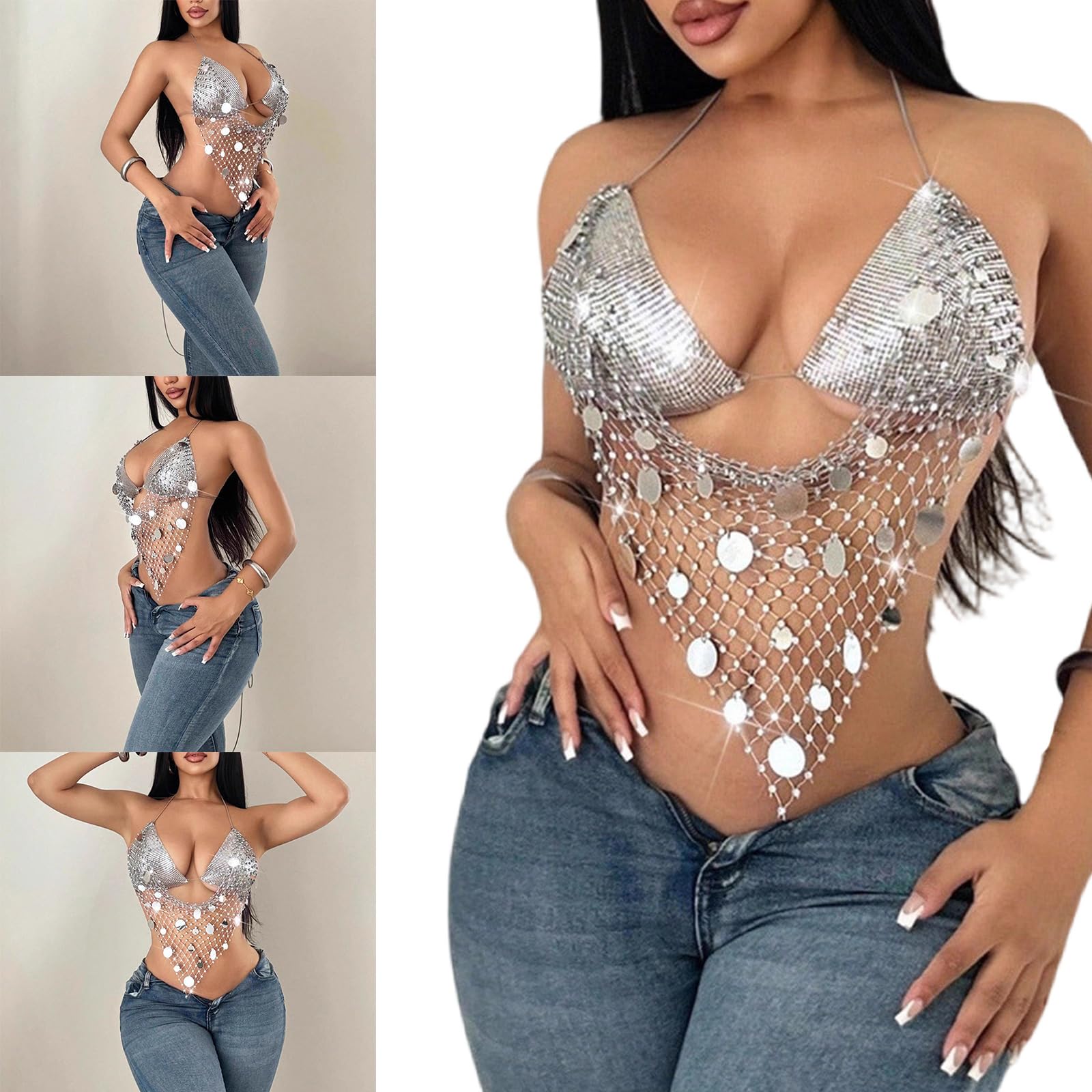 Glitter Strass Mesh Party Shirt Halterneck Paillettes Reggiseno Backless Body Chain per le Donne ' s Festival Club Serbatoi Top Donne ' s Festival Top
