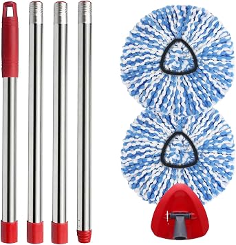 Small Spin Mop Replacement Head for O Cedar RinseClean 2-Tank System, 2 Fluffy Microfiber Mop Refills with 1 Small Base & 4-Section 30-58in Mop Handle, Replace Heads for Deep Clean, Machine Washable