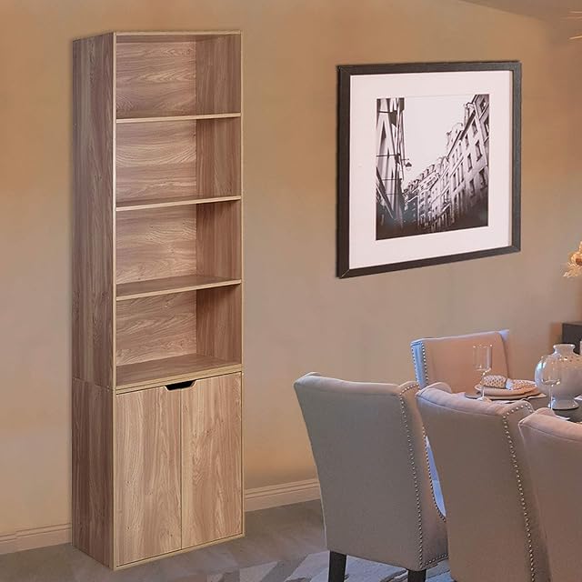 URBNLIVING Oak 6 Tier Bookshelf With 2 Doors Cupboard