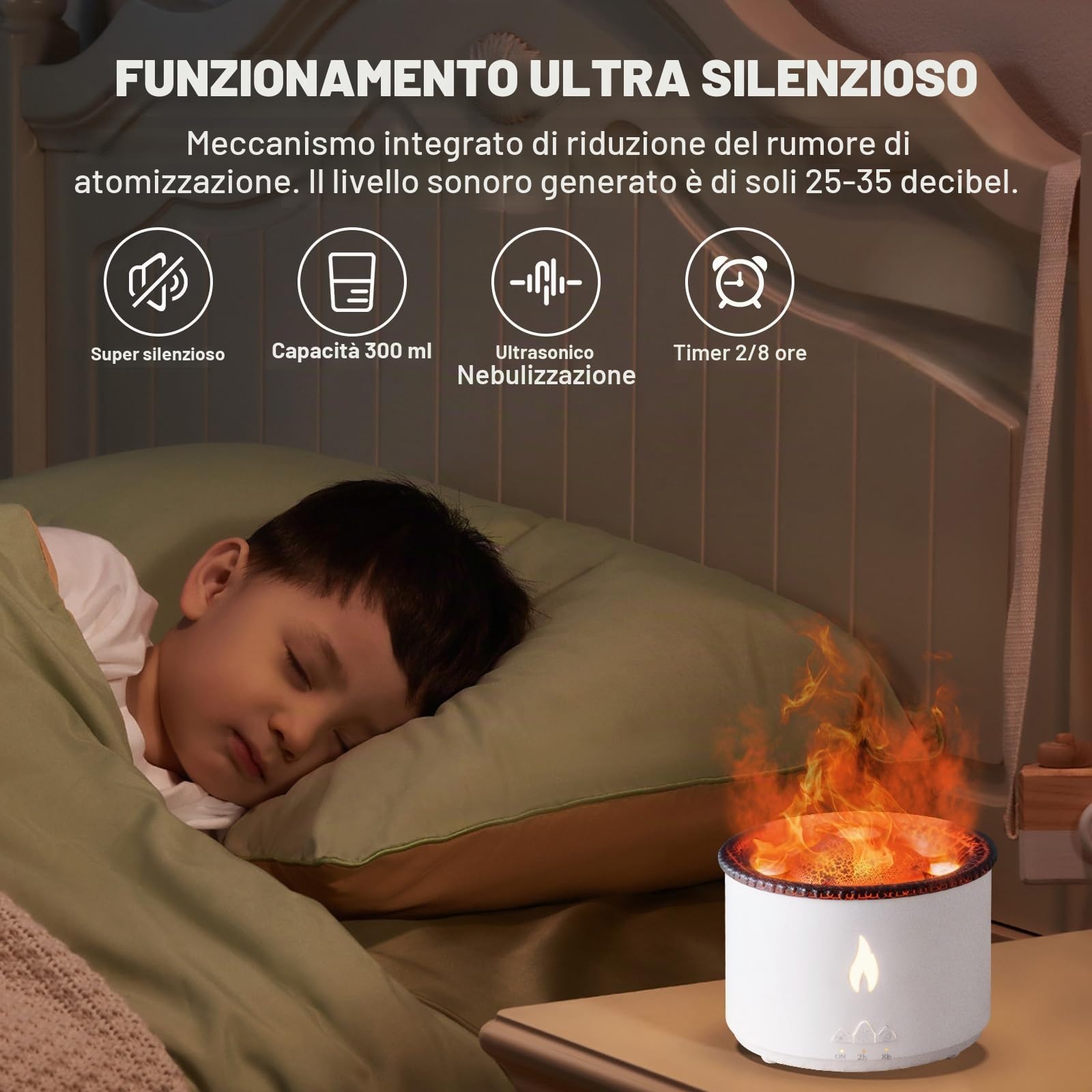 Diffusore di Aroma a Fiamma per Umidificatore Vulcano: Diffusore di Profumo Ultrasonico per Oli Essenziali 300ml Grande Capacità 2-in-1 con Timer Funzione per Camera da Letto (Senza Telecomando)