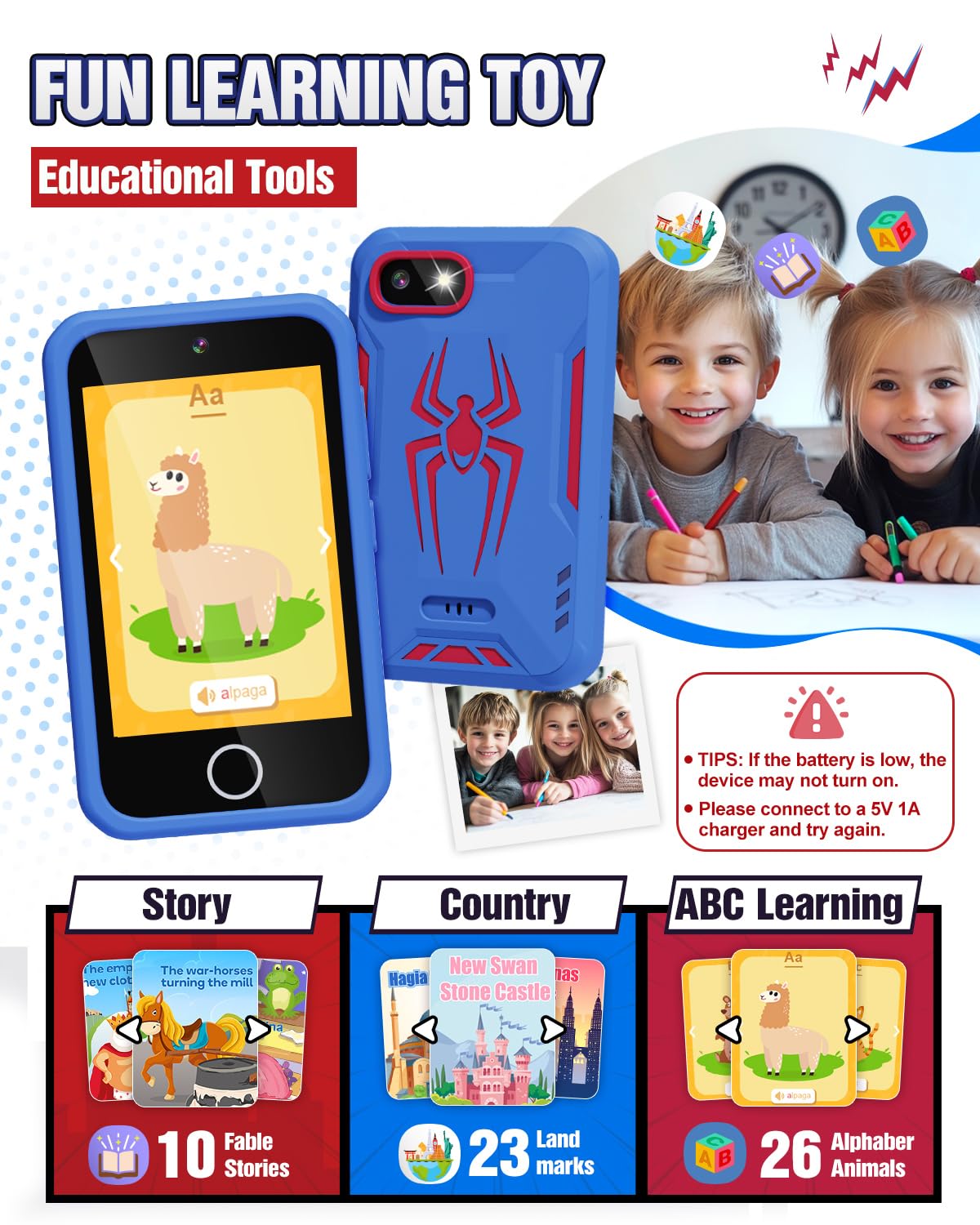 Teléfono inteligente para niños, teléfono de juguetes de araña para niños de 3, 4, 5, 6, 7, 8 años, cámara doble, pantalla táctil de 3.5 pulgadas, juguete educativo para niños pequeños, regalos de 3