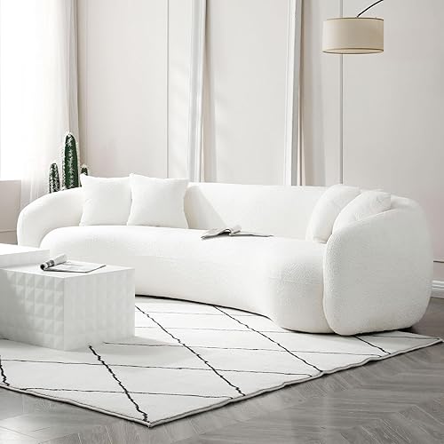 Miniatura 6 de Sofá moderno y minimalista curvado de 102 pulgadas, tapizado de tela de terciopelo de peluche, cómodo sofá de media luna de 5 plazas con 4 cojines
