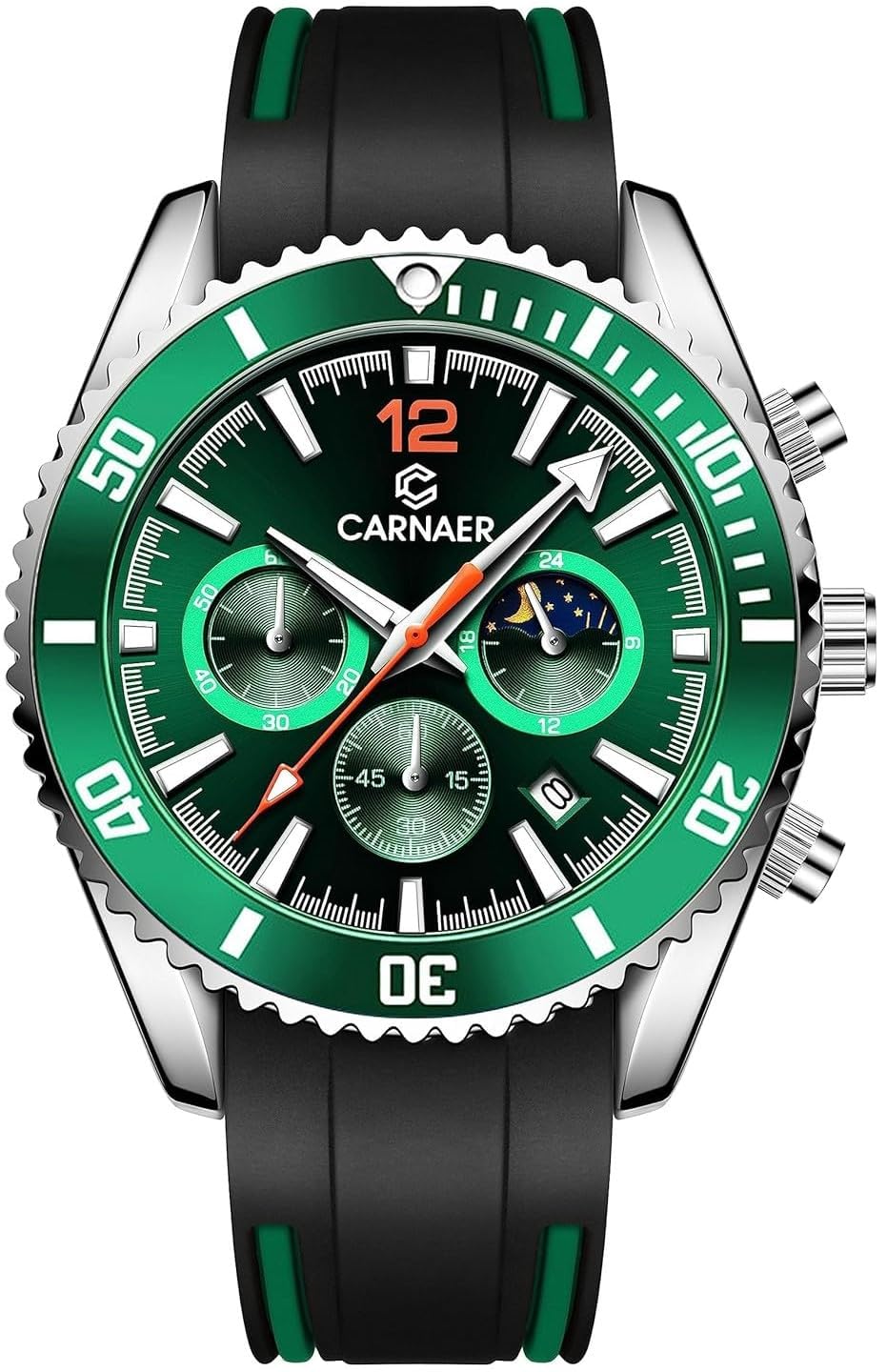 CARNAER Men Chronograph Sports Watch Rotating Bazel Black Silicon Band Silver Case Watch For Men With Blue Dial (Black-Green, Silicone) (B0CBXJZK7Z) Amazon Price History, Amazon Price Tracker