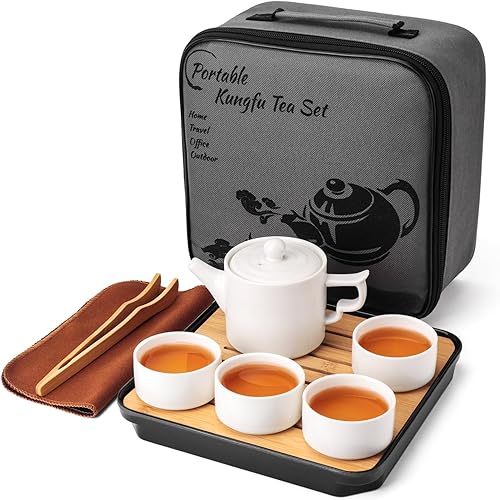 Juego de tazas de té Kung Fu de viaje blanco con bandeja, tetera de porcelana china portátil, bolsa de regalo, todo en uno para negocios, hotel,