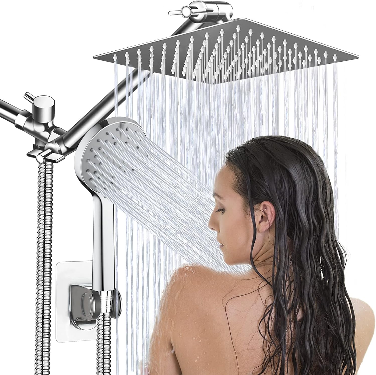Shower Head,8”Rain Shower Head with Handheld Spray Combo with ON/OFF Pause Switch and 11'' Angle Adjustable Extension Arm/Flow Regulator,Shower Heads High Pressure Easy to Clean Bathtub,Chrome