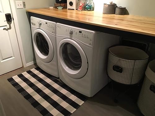 Miniatura 7 de USTIDE Alfombra a Cuadros Buffalo 23.6''x51'' Algodón Negro y Blanco Alfombras a Cuadros Lavable Tejida a Mano Felpudo a Cuadros Retro Estilo Granja