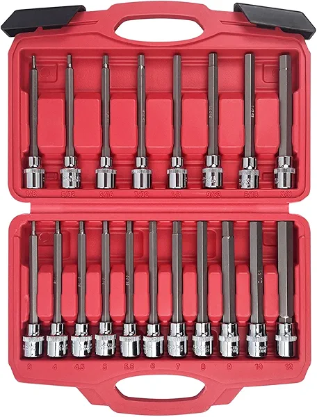 AMM 19-Piece 3/8 Inch Drive Extra Long Allen Hex Bit Socket Set, Standard SAE & Metric (1/8-Inch - 3/8-Inch, 3-12mm), S2 Alloy Steel, Necessary auto repair tools