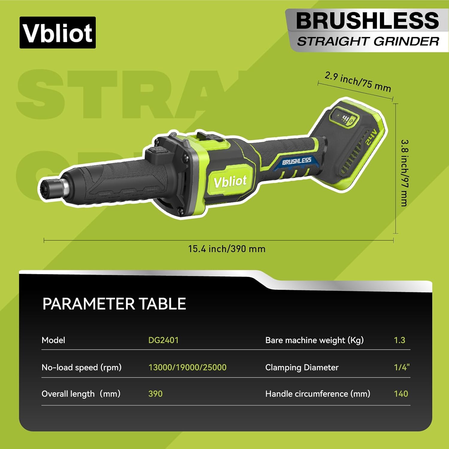 Cordless Die Grinder 6mm Collet, Power Die Grinder with 3 Mode Speed, Brushless Straight Grinder for Metal Grindering Polishing Rust removal (DG2401)