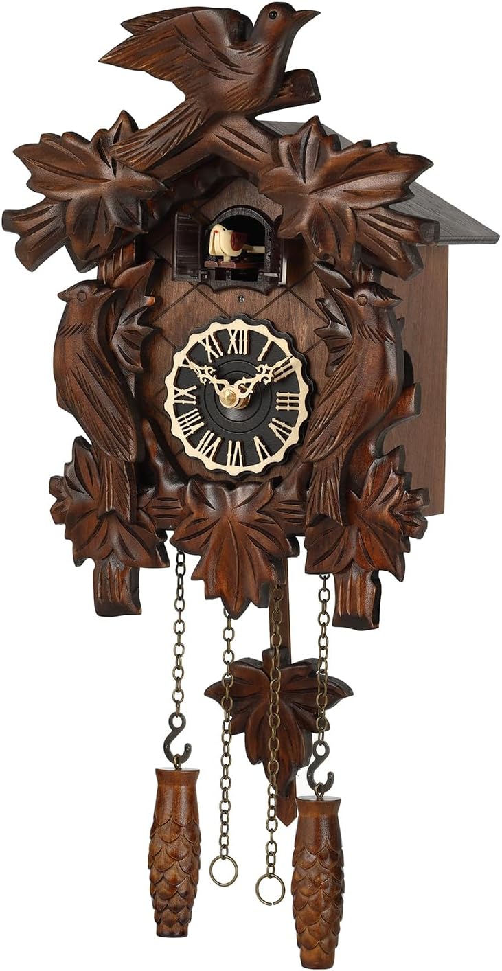 Cuckoo Clock, Traditional Black Forest Handcrafted Wooden Quartz Clock for Wall Antique Decroration with Maple Leaf Pendulum, 12 Melodies, Night Sensor and Singing Bird