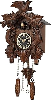 Cuckoo Clock, Traditional Black Forest Handcrafted Wooden Quartz Clock for Wall Antique Decroration with Maple Leaf Pendulum, 12 Melodies, Night Sensor and Singing Bird
