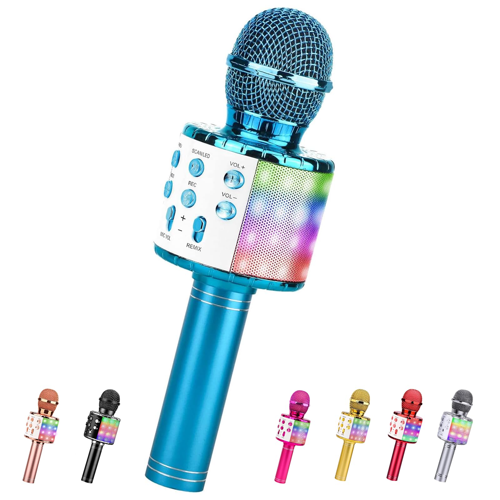 ShinePick Microfono Karaoke Bluetooth, Microfono Wireless Bambini, Portatile Microfono Giocattolo Cambia Voce per Bambini, Compatibile con Android/iOS, PC e Smartphone (Blu)
