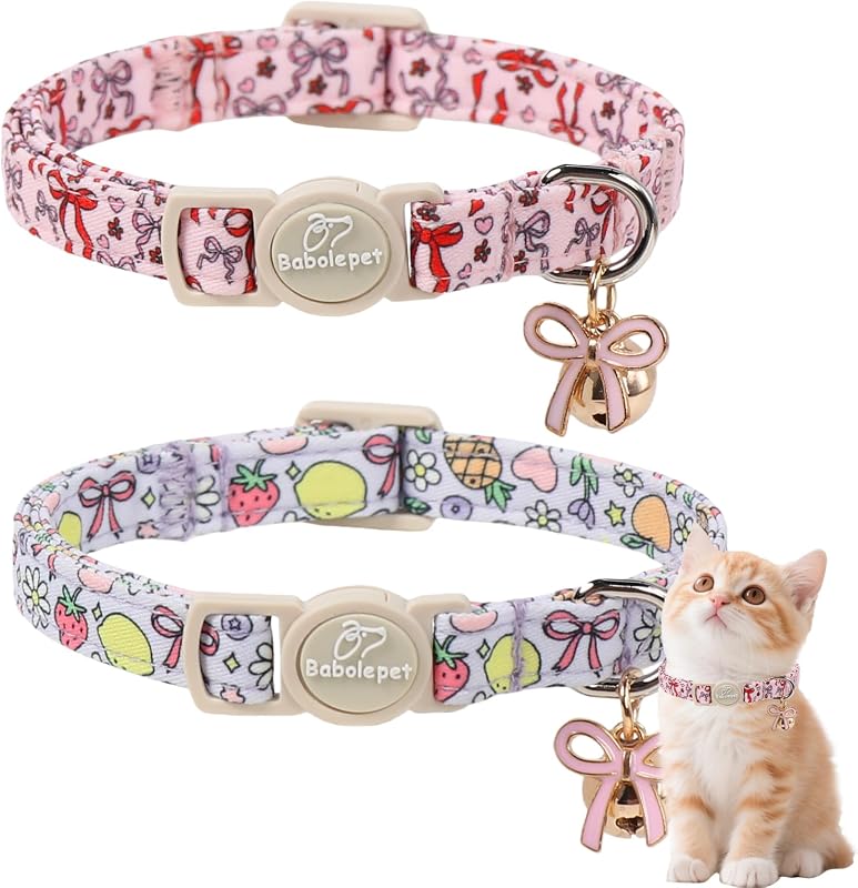 Coleira para Gatos com Laço, Sino e Fecho de Segurança Babole Pet Ajustável, Rosa e Roxa, Pacote com 2