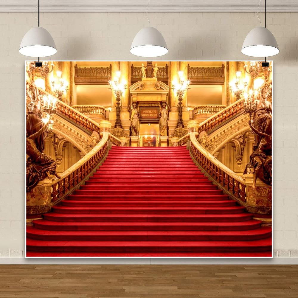 Golden Palace Fondale 3 x 2,4 m Tappeto Rosso Castello Elegante Fondale per Fotografia di Lusso Night Stage Prom Tappeto Rosso Scale Matrimonio Compleanno Cerimonia Festa Sfondo Photo Booth
