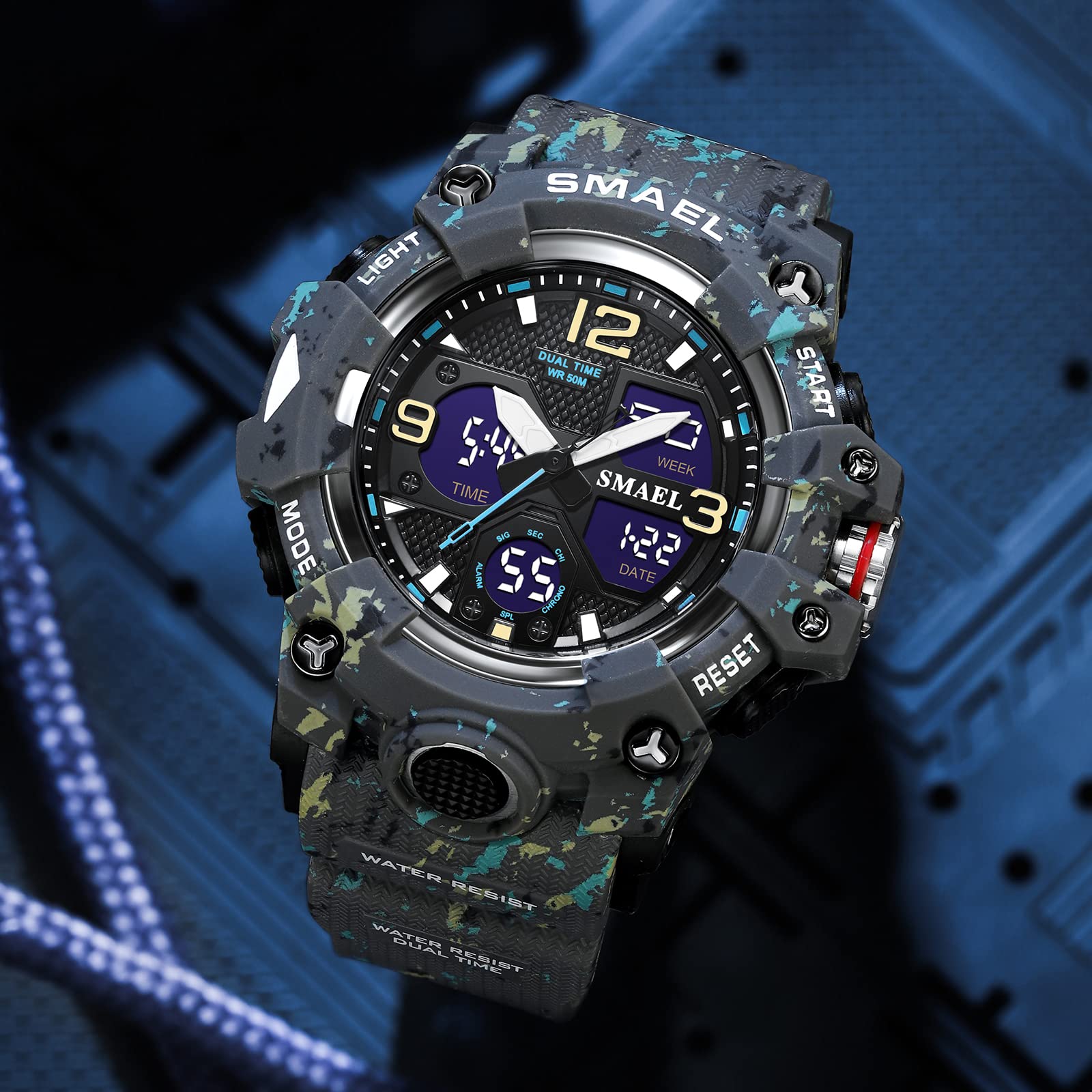 SMAEL 8008 Reloj de cuarzo deportivo resistente al agua reloj de camuflaje de color dual digital (camuflaje gris), Camuflaje Gris
