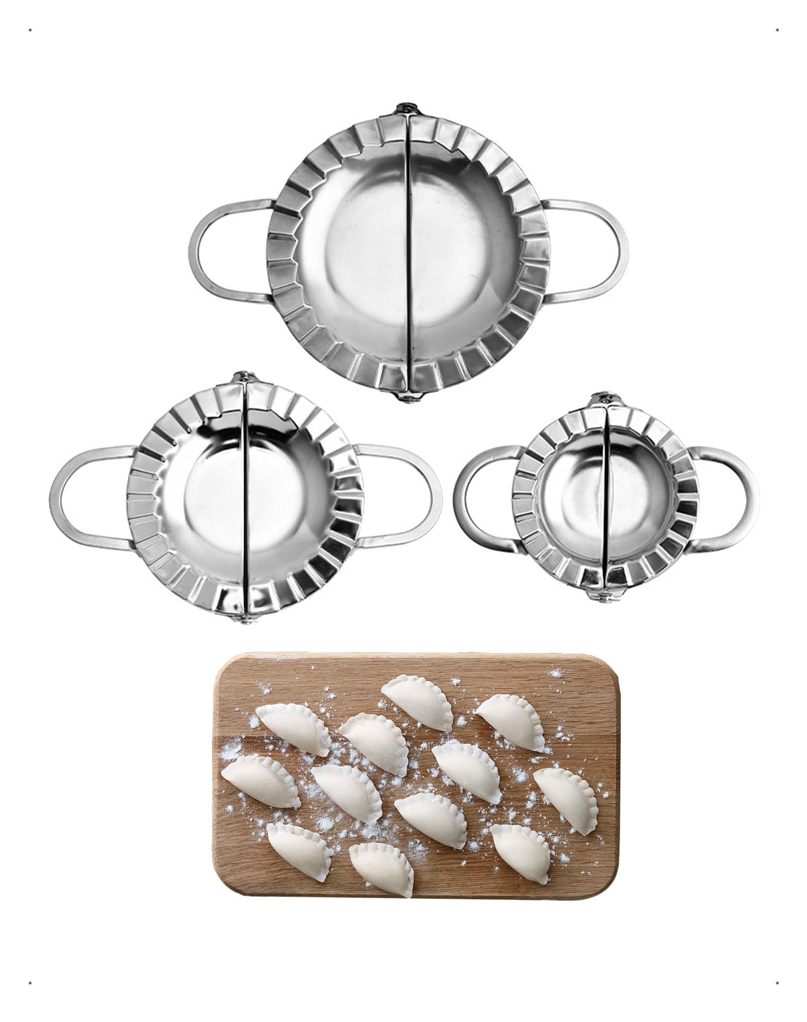 Lote de 3 moldes para empanadillas de diferentes tamaños de acero inoxidable para raviolis, dumplings y galletas (pequeño 75 mm, mediano 85 mm, grande 95 mm)
