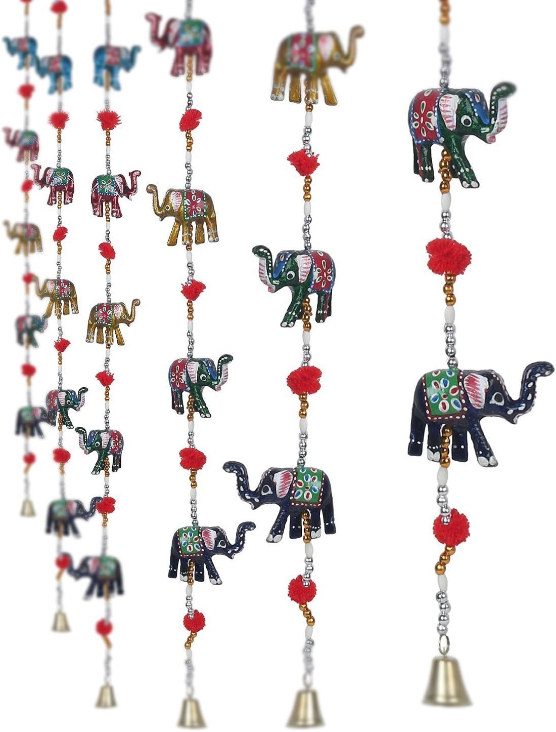 Pack of 2 Door Hanging Decorative Five Hand Painted Elephant Stringed Together with bell