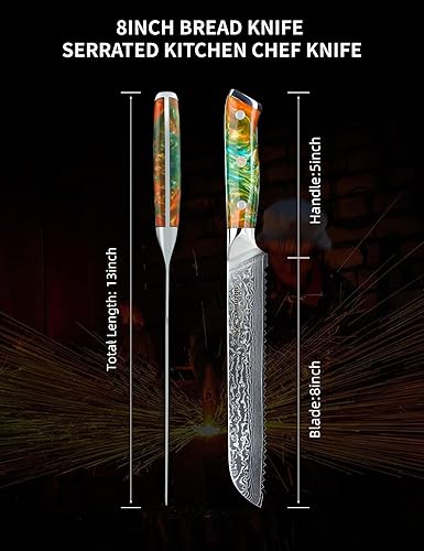 Miniatura 4 de Cuchillo de chef de cocina dentado de 8 pulgadas, mango de acero y resina de Damasco - Serie Xuan (naranja fantasía)